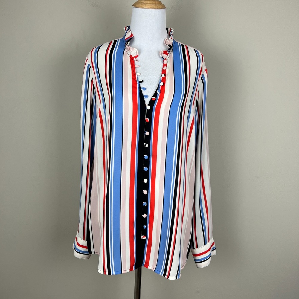 Express Portofino Slim Shirt Women L Stripe Ruffle Collar Multicolor Long Sleeve